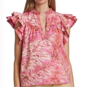 ULLA JOHNSON camellia lei ruffle floral top size 2 pink coral